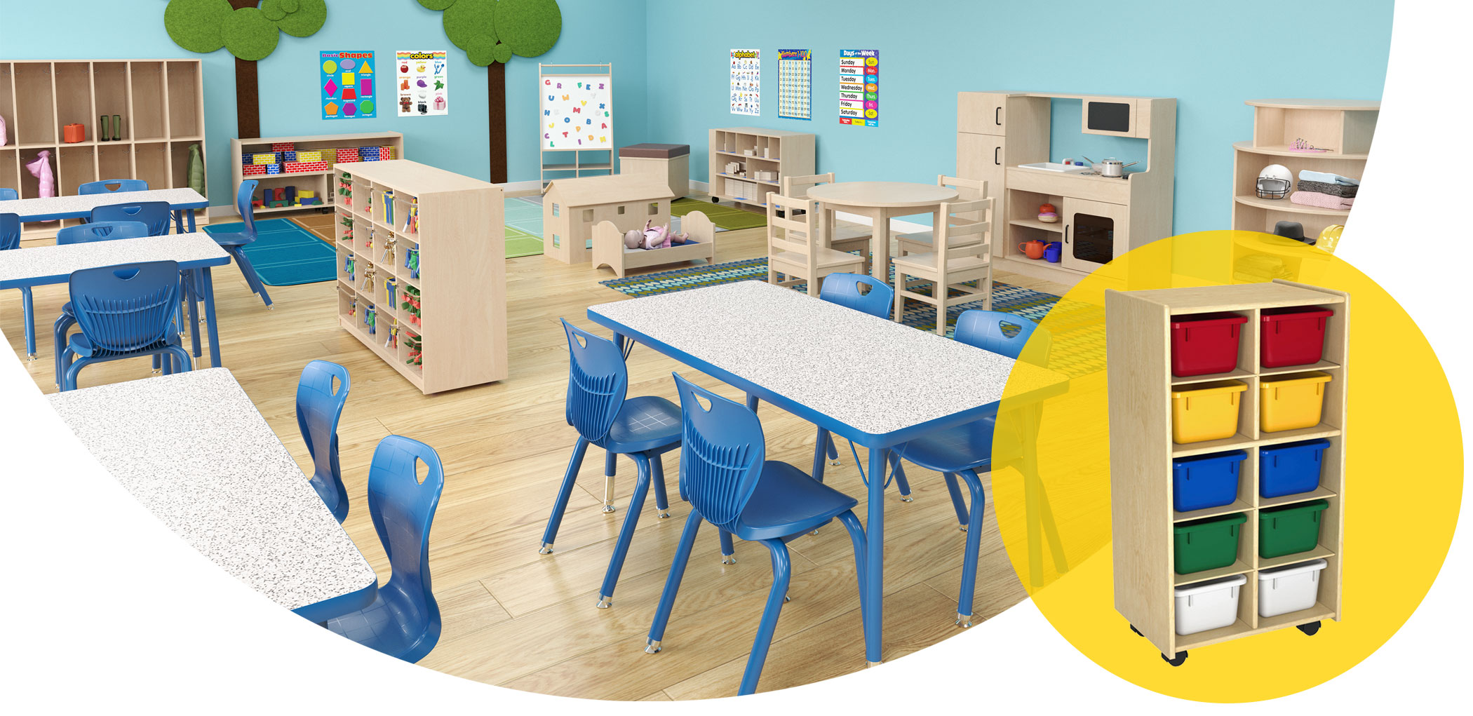 Early childhood classroom with a yellow bubble overlaid the right with multicolored drawers inside